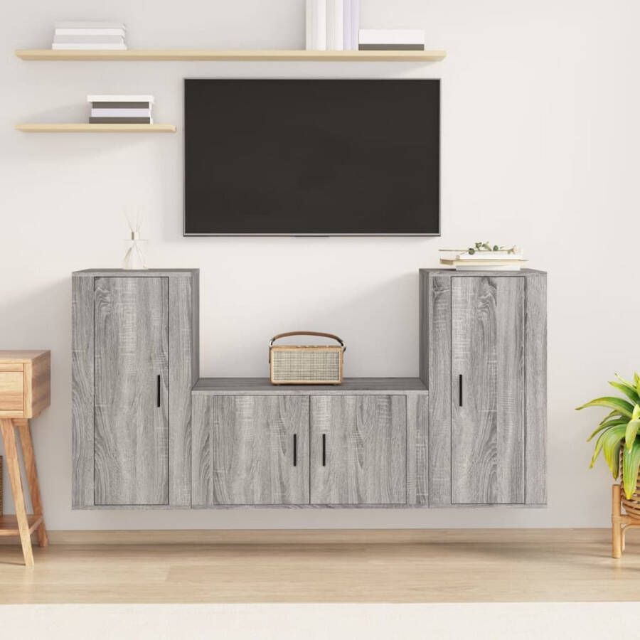 The Living Store TV-meubelset Trendy Grijs Sonoma Eiken 1x 80x34.5x40cm 2x 40x34.5x80cm TV-meubel Salon Meubilair Houten TV-stand Grijze TV-kast Landelijk TV-meubel - Foto 3