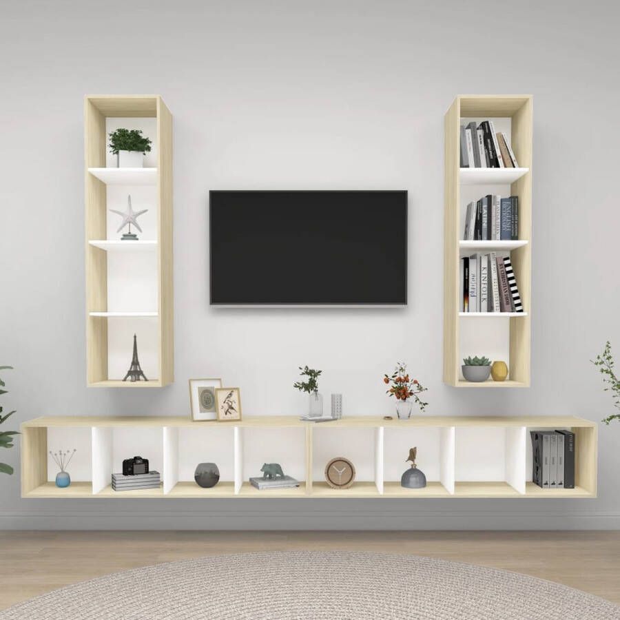 The Living Store Tv-meubelset Tv-meubelen 37 x 37 x 142.5 cm Kleur- wit en sonoma eiken Materiaal- spaanplaat - Foto 2