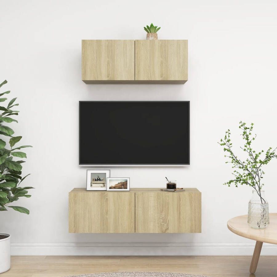 The Living Store TV-meubelset Wandmontage 100 x 30 x 30 cm 80 x 30 x 30 cm Sonoma eiken Opbergruimte Praktisch - Foto 2
