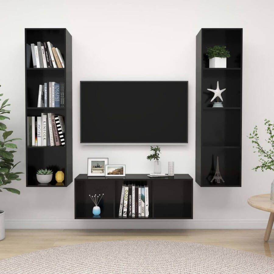 The Living Store TV-meubelset Wandmontage 37 x 37 x 107 cm 142.5 cm Hoogglans zwart Spaanplaat - Foto 2
