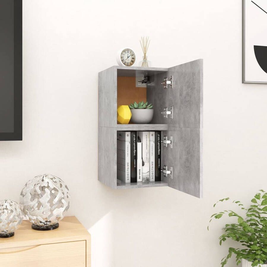 The Living Store TV-meubelset wandmontage opbergvak betongrijs bewerkt hout 30.5 x 30 x 30 cm deur links rechts - Foto 2