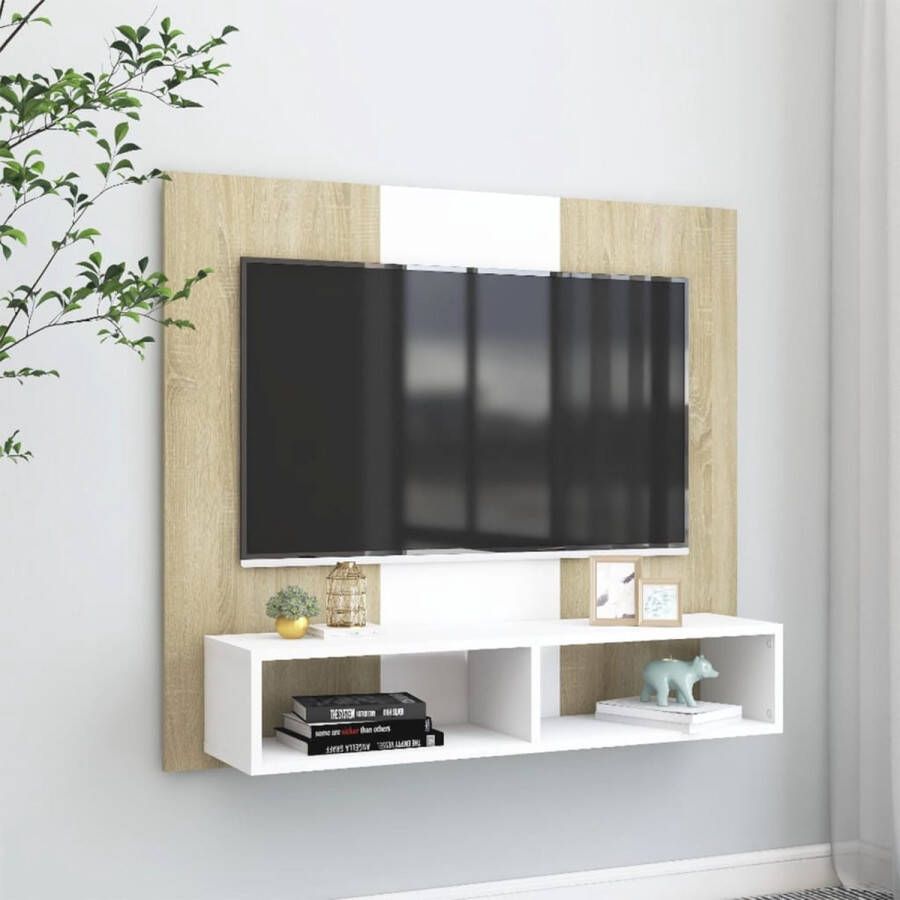 The Living Store TV-wandmeubel Hifi-kast 102 x 23.5 x 90 cm wit en sonoma eiken - Foto 2