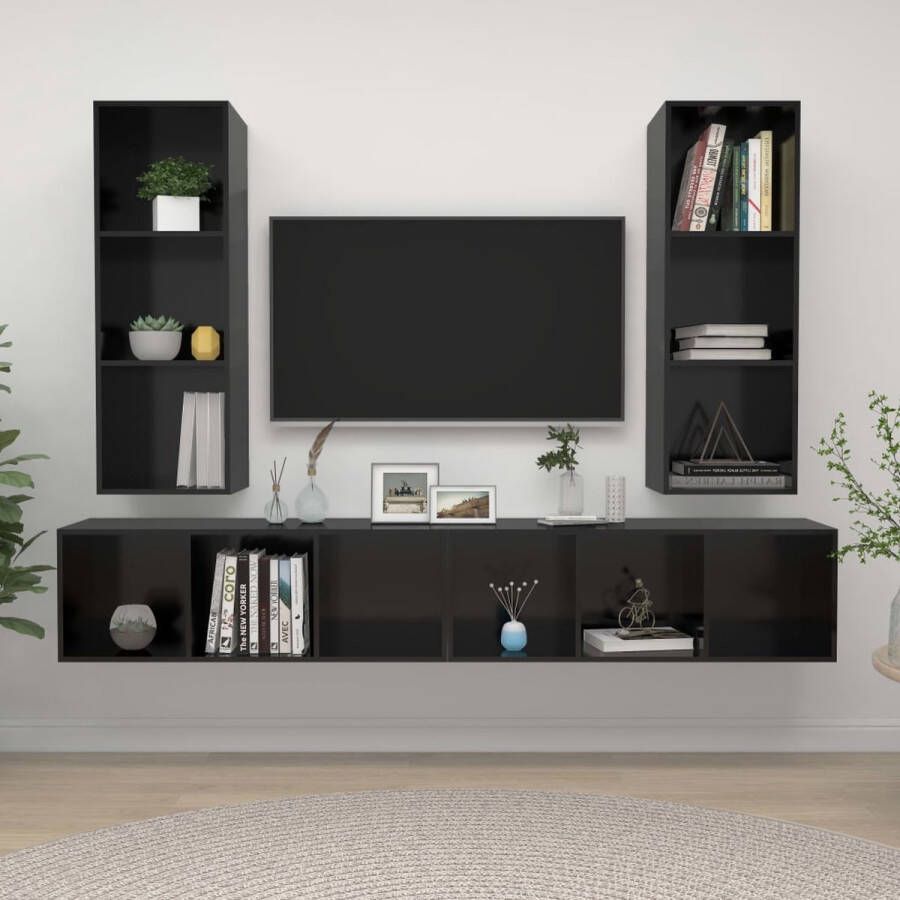 The Living Store Televisiewandmeubelset Hoogglans zwart Spaanplaat 107 cm 4 x tv-meubel - Foto 2