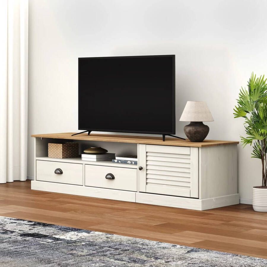 The Living Store VIGO TV meubel 156 x 40 x 40 cm wit massief grenenhout opbergruimte metalen handgrepen - Foto 2