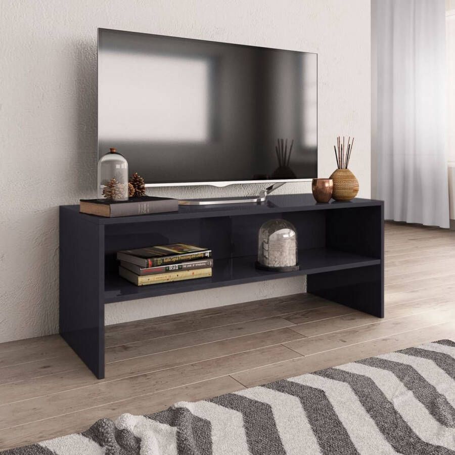 The Living Store TV-meubel Vintage TV meubel hoogglans grijs 100x40x40 cm Bewerkt hout Open vak Inclusief montagematerialen - Foto 2