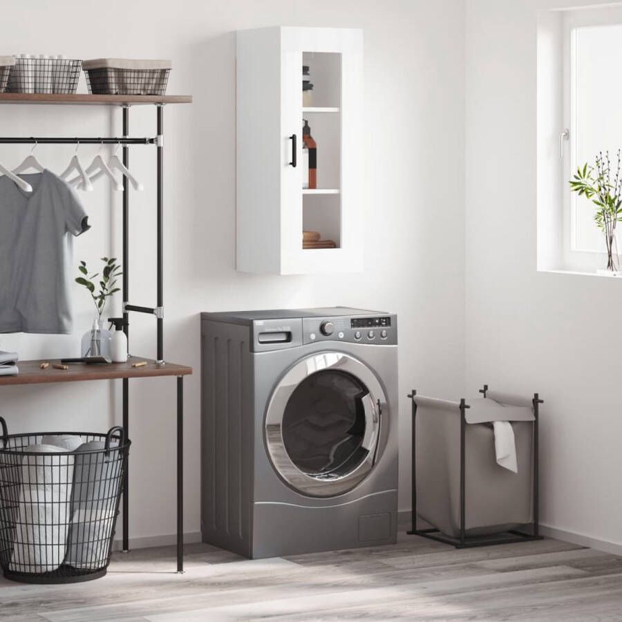 The Living Store Wandgemonteerde Kast Hoogglans wit 34.5 x 34 x 90 cm Bewerkt hout en glas