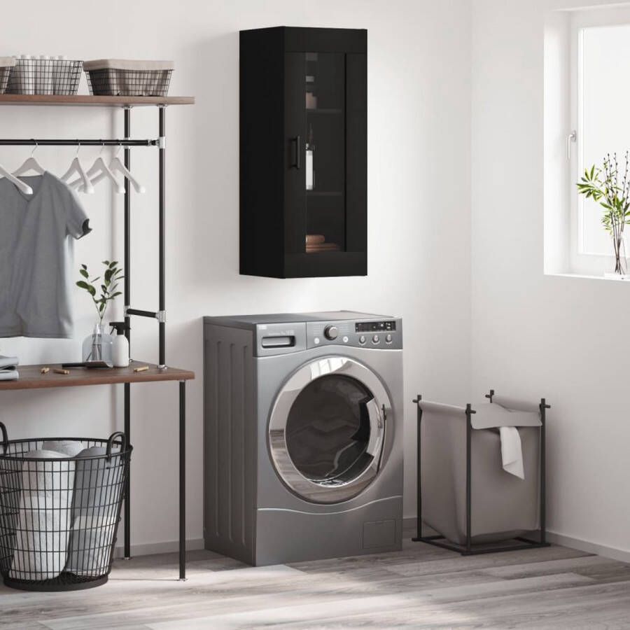 The Living Store Hangkast 34 5x34x90 cm zwart Wandkast Zwarte Kast Houten Kast Opbergkast Designkast - Foto 2
