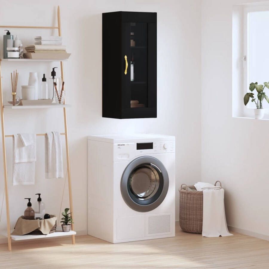 The Living Store Hangkast 34 5x34x90 cm zwart Wandkast Houten Kast Vitrinekast Opbergkast Zwarte Kast - Foto 3