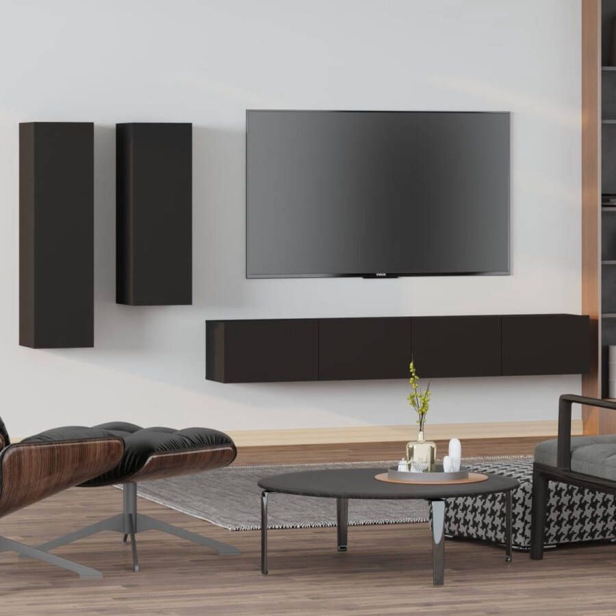 The Living Store Wandgemonteerde tv-meubelset Zwart 30.5 x 30 x 110 cm 30.5 x 30 x 90 cm 2x 100 x 30 x 30 (L x B x H) Tv-meubel Wandmontage Houten Tv-stand Zwarte Tv-kasten Opbergruimte - Foto 3
