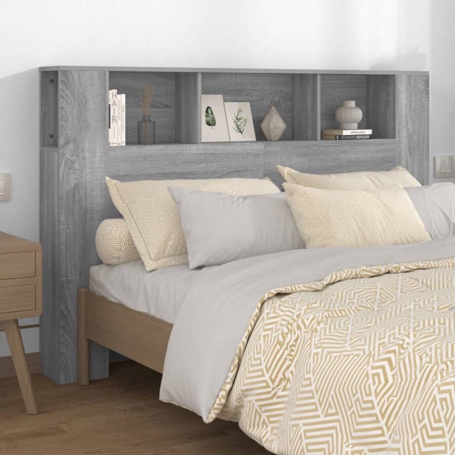 The Living Store Wandhoofdbordkast Grijs sonoma eiken 160 x 18.5 x 104.5 cm Voor bed 5 vakken Hoofd Bordkast Hoofdbord Slaap Kamer Bedroom Furniture Houten Headboard