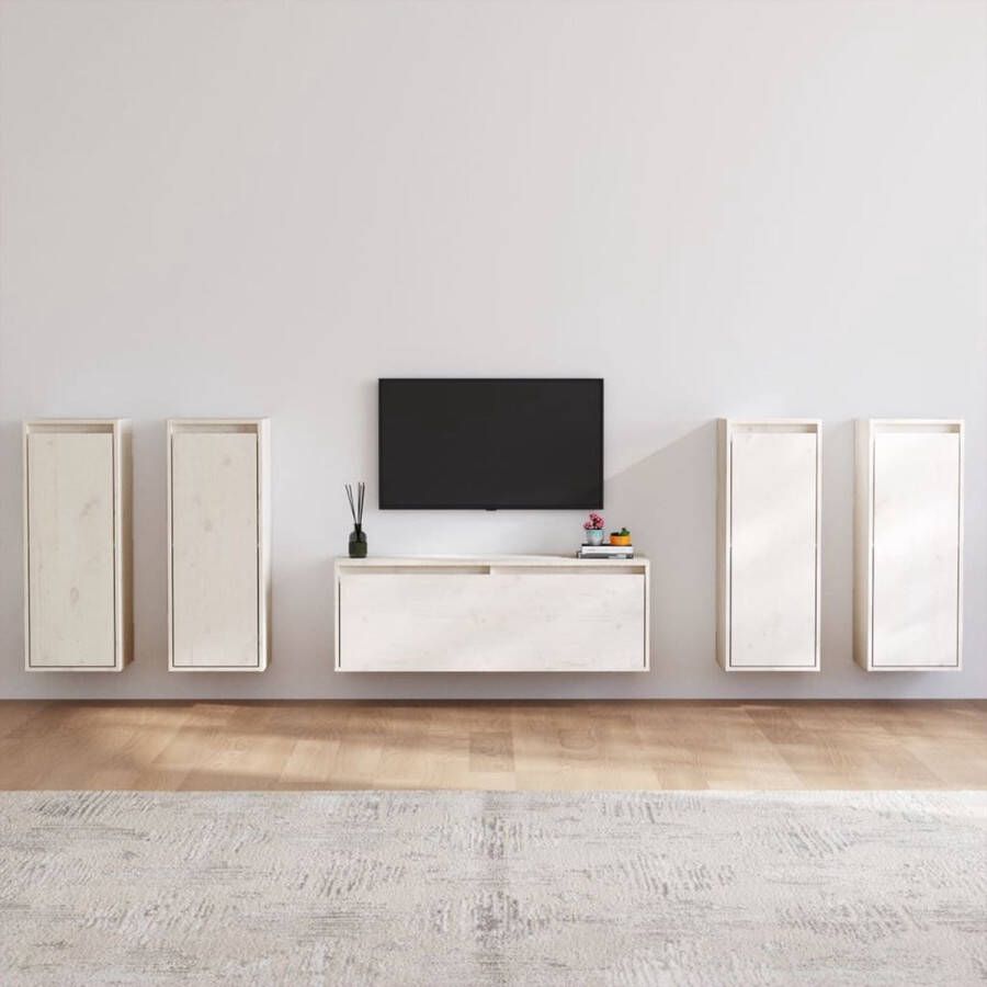 The Living Store Wandkasten Massief grenenhout Set van 5 Wit TV-meubel- 100x30x35cm Hangkast- 30x30x80cm - Foto 2