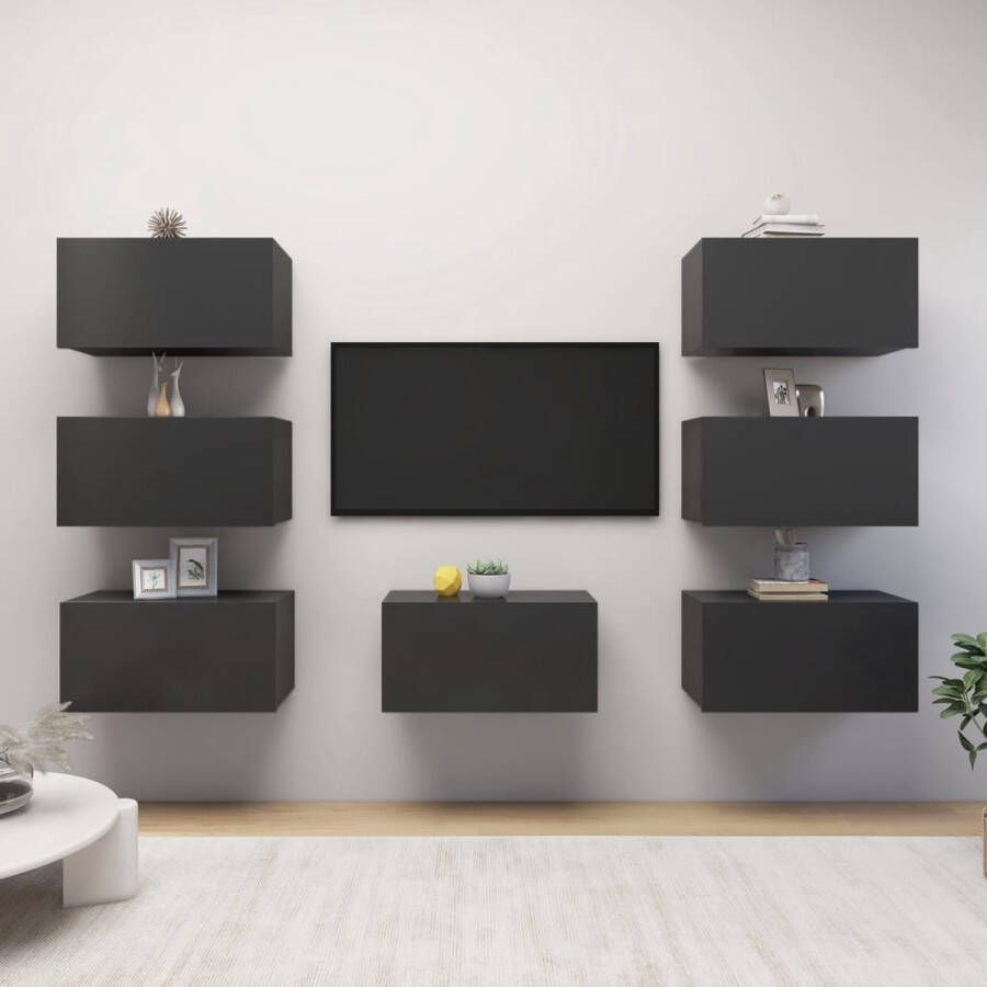 The Living Store vidaXL Tv Kasten Set Wandtv Meubilair Tv-meubelen 7 st 30 5x30x60 cm bewerkt hout grijs Houten Tv Stand Grijze Tv Kast Living Room Furniture - Foto 3