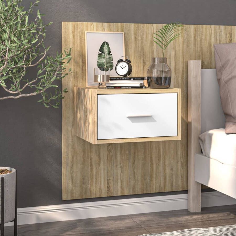 The Living Store Wandnachtkast Sonoma Eiken Wit 48.5 x 32.5 x 80 cm Wandmontage Opberglade - Foto 2