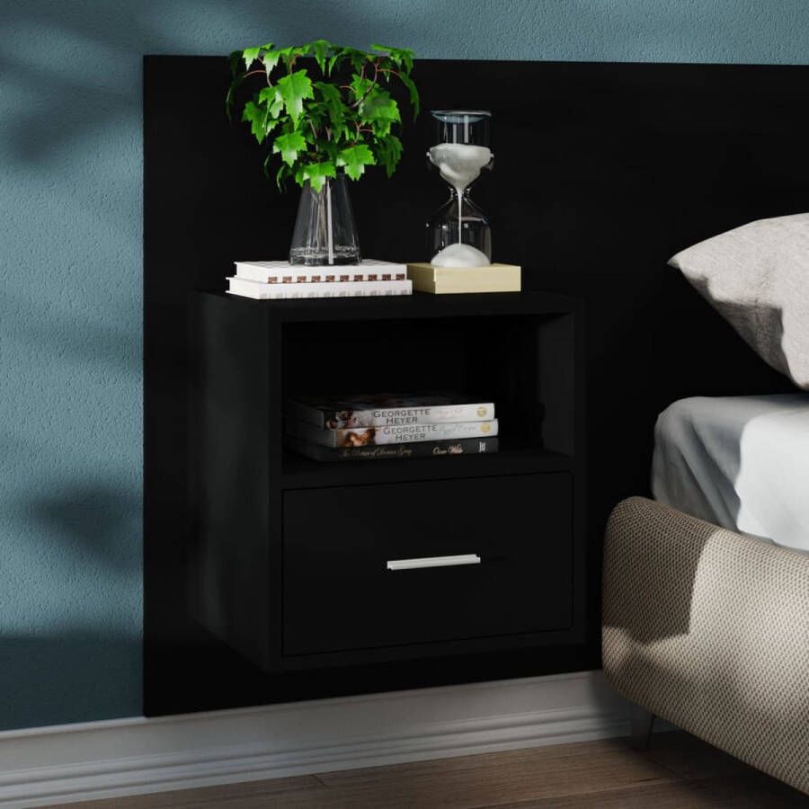 The Living Store Wandnachtkast Wandmontage Multifunctioneel Opberglade Eenvoudig schoon te maken Zwart Bewerkt hout 48.5 x 32.5 x 80 cm - Foto 2