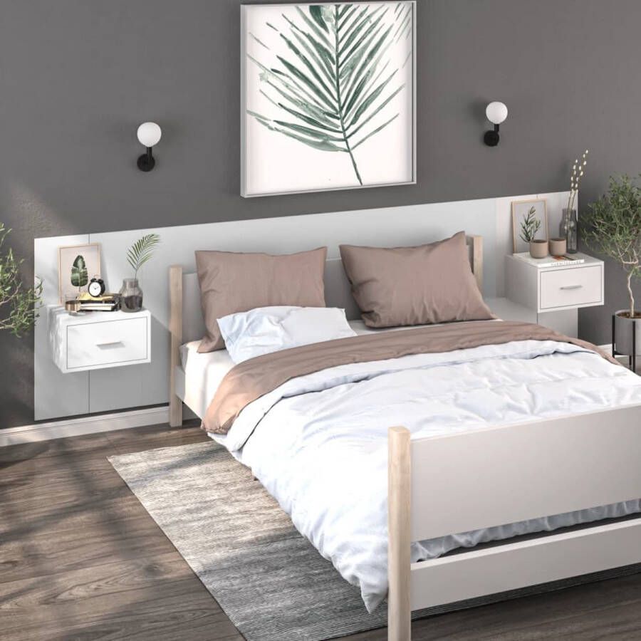 The Living Store Wandnachtkastjes 48.5 x 32.5 x 80 cm Wandmontage Ontwerp Multifunctioneel Opberglade Eenvoudig te reinigen Wit Bewerkt hout Montage vereist 2 stuks - Foto 2