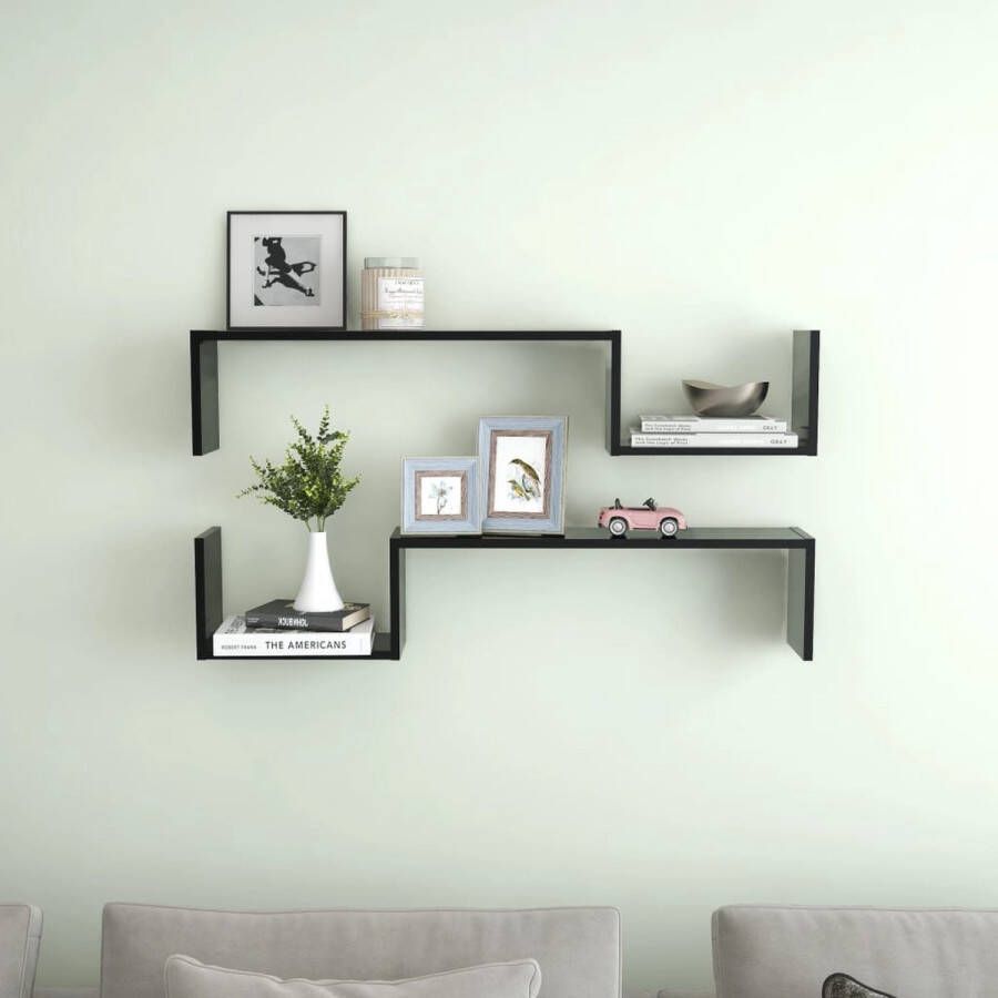The Living Store Wandplank 100 x 15 x 20 cm zwart spaanplaat eenvoudig te installeren set van 2