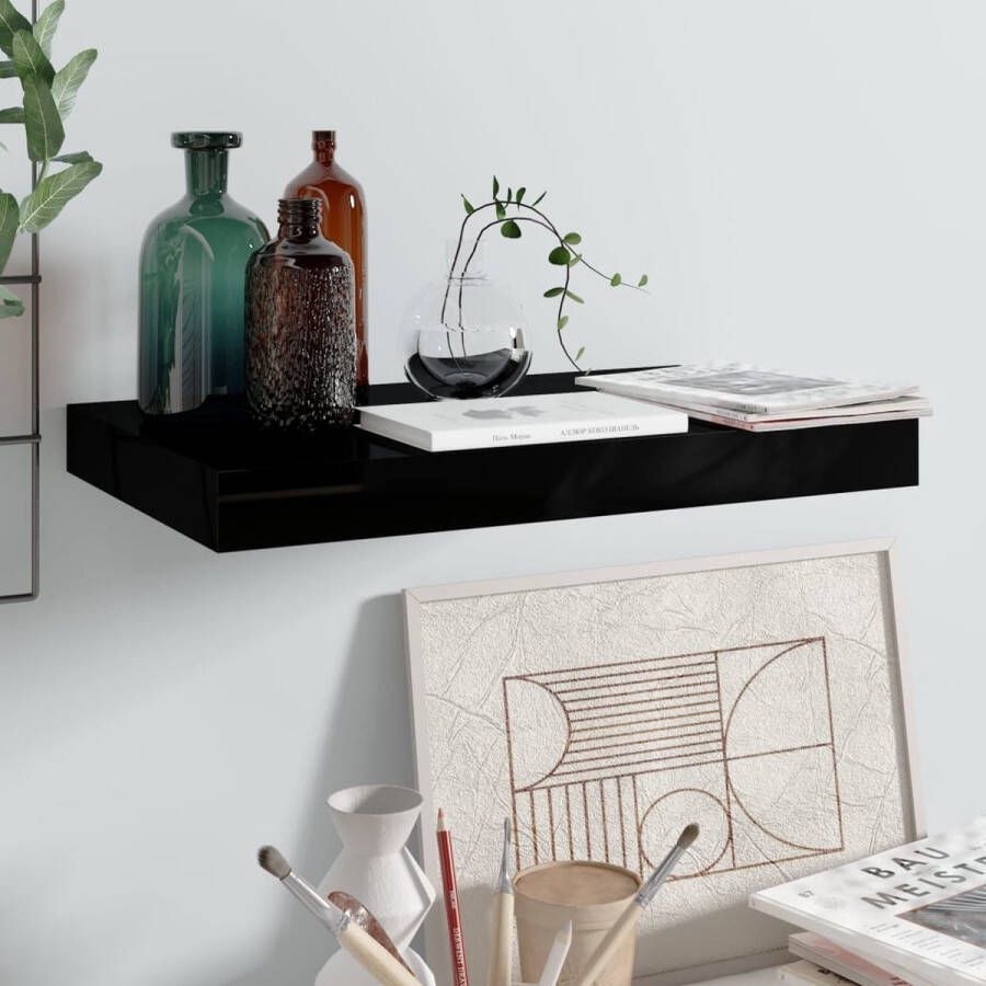 The Living Store Wandplank Hoogglans Zwart 40 x 23 x 3.8 cm Onzichtbare Montage