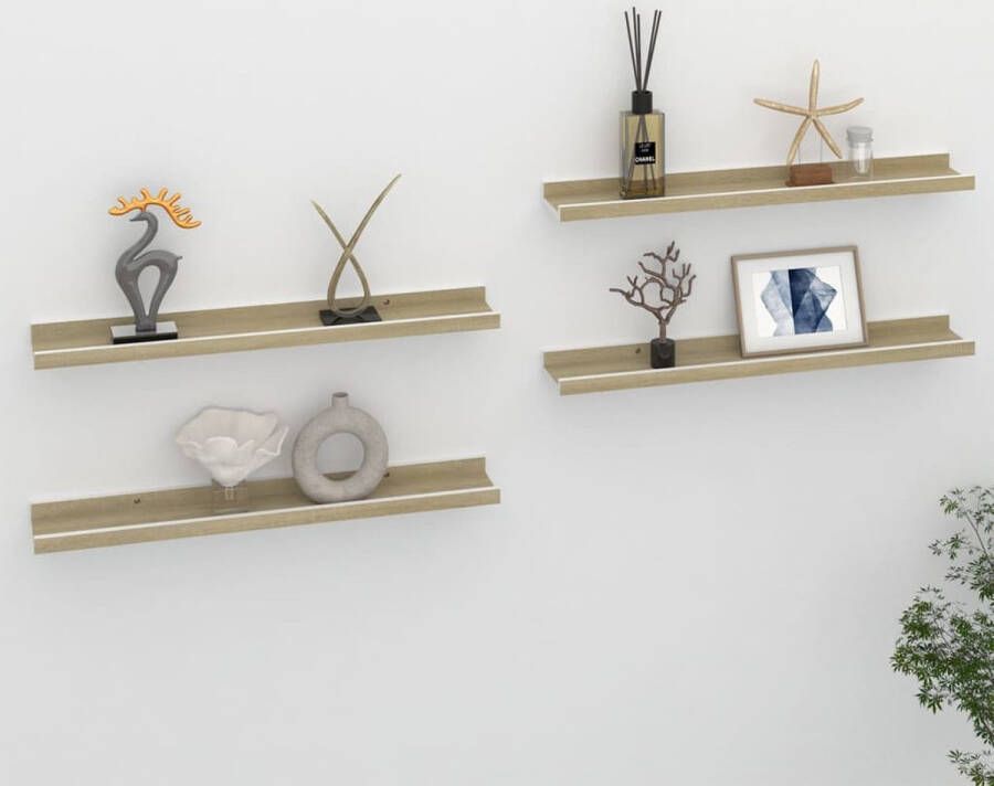 The Living Store Wandplank MDF 60 x 9 x 3 cm Wit en Sonoma Eiken Set van 4