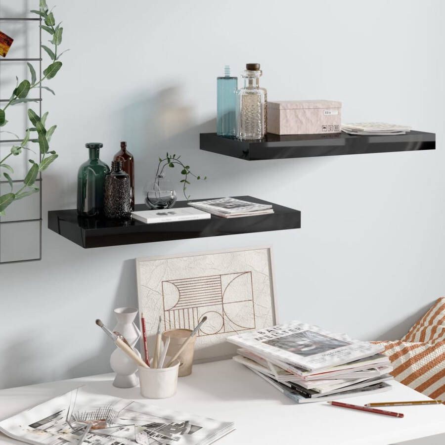 The Living Store Wandplanken 2x Stijlvolle set Hoogglans zwart Honingraat MDF en metaal 50x23x3.8cm Onzichtbaar montagesysteem