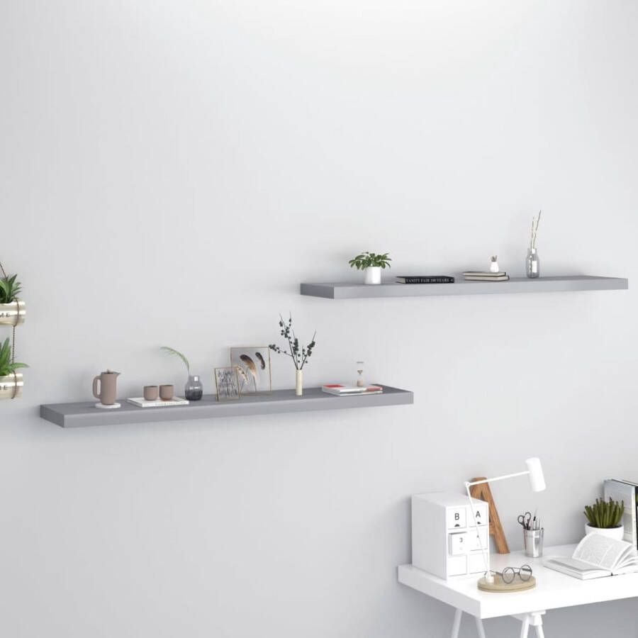 The Living Store Wandplanken Grijs 120 x 23.5 x 3.8 cm Set van 2 Honingraat MDF en Metaal