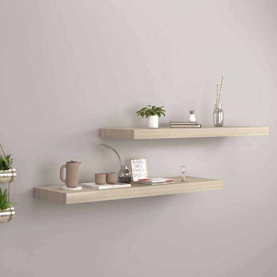 The Living Store Wandschappen zwevend 2 st 80x23 5x3 8 cm MDF eikenkleurig Wandplank Zwevende Wandplank Houten Wandplank Eiken Wandplank Opbergplank