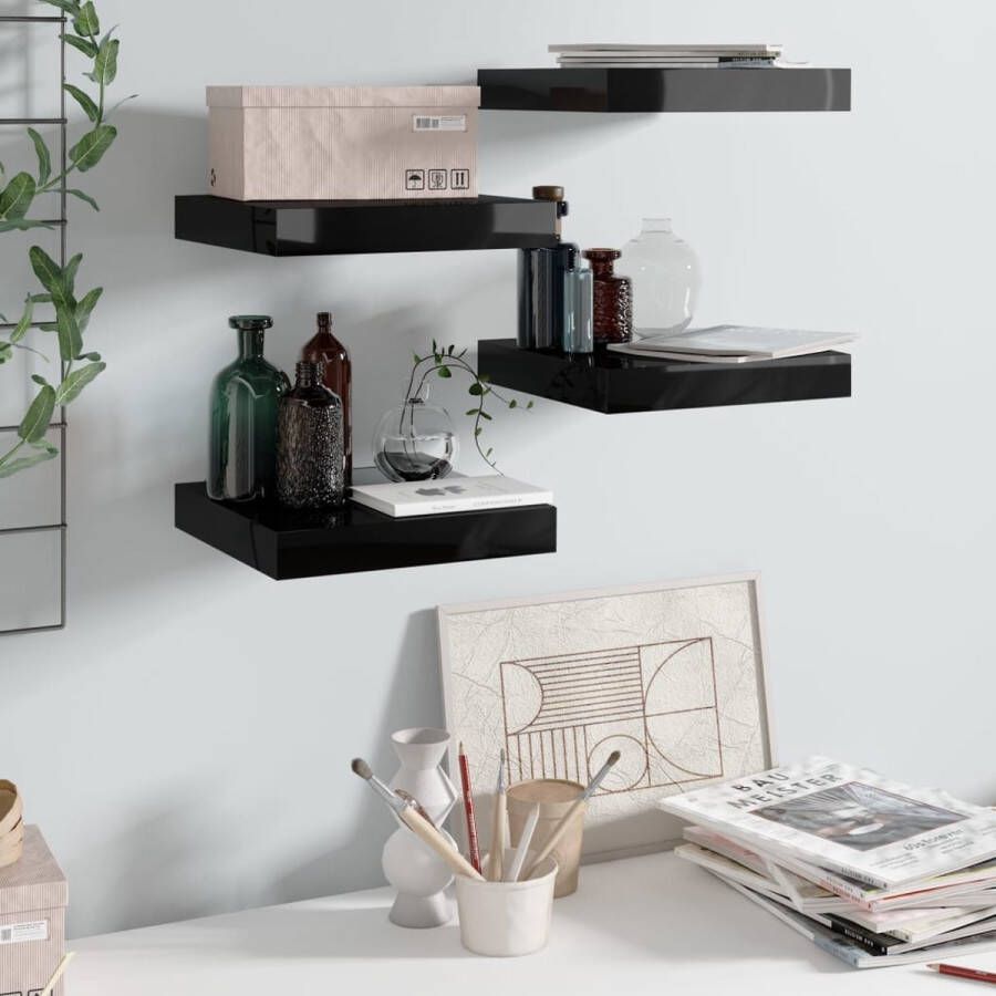The Living Store Wandplanken Set Trendy Wandplanken 23 x 23.5 x 3.8 cm Ken- Onzichtbaar montagesysteem Kleur- Hoogglans zwart Materiaal- Honingraat MDF en metaal