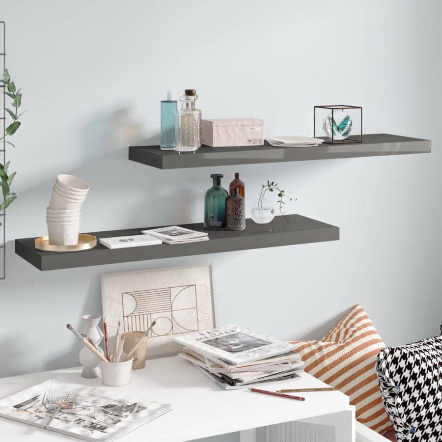 The Living Store Wandplanken Set van 2 Hoogglans grijs 90 x 23.5 x 3.8 cm Honingraat MDF en metaal