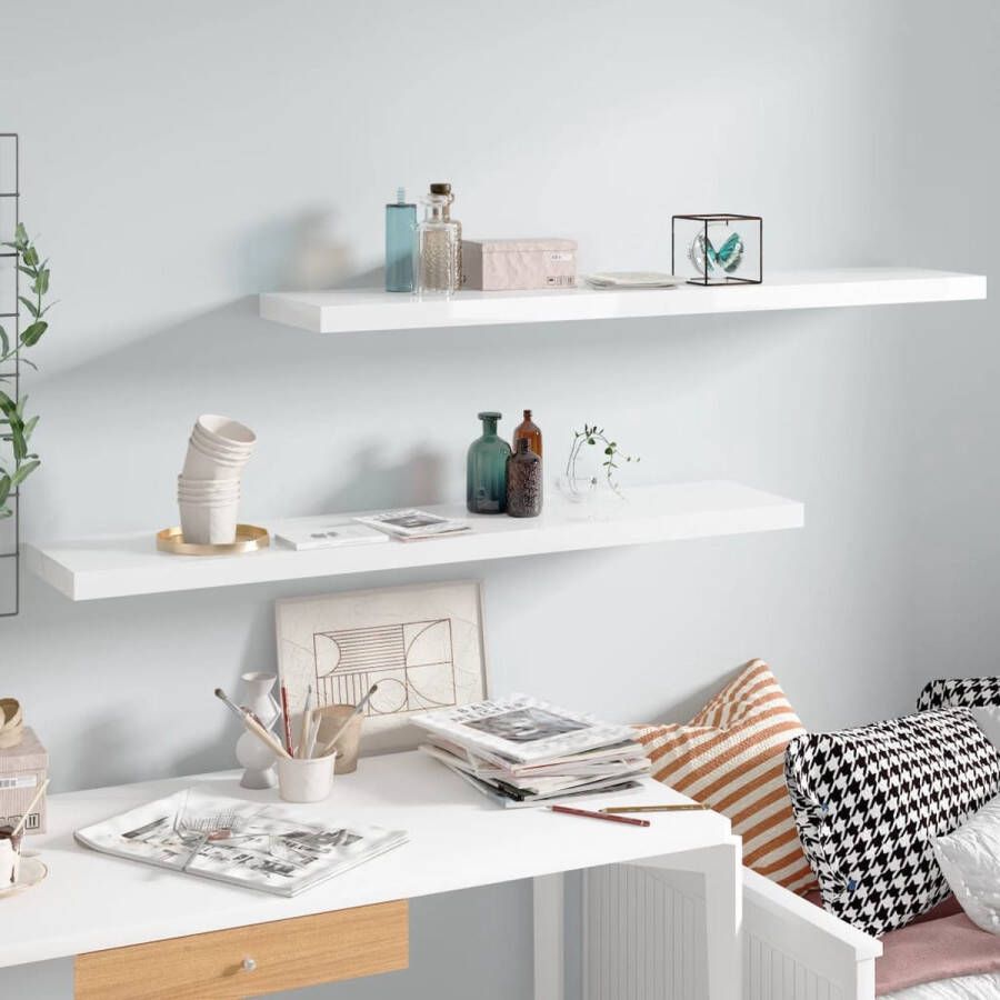 The Living Store Wandschappen zwevend 2 st 120x23 5x3 8 cm MDF hoogglans wit Wandplank Zwevende Plank Opbergruimte Decoratief Item Mdf Plank