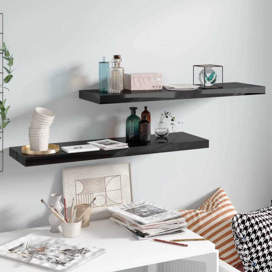 The Living Store Wandplanken Set van 2 Hoogwaardig honingraat MDF Metalen frame Hoogglans zwart 90 x 23.5 x 3.8 cm