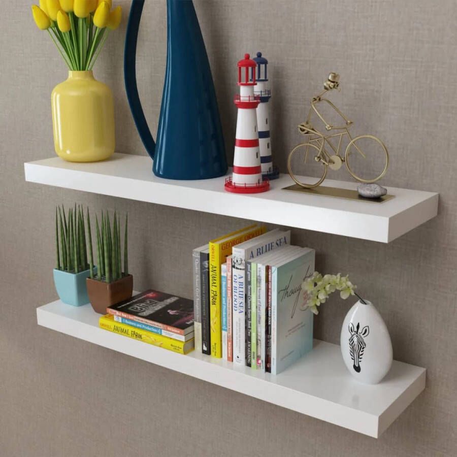 The Living Store Wandplanken Set van 2 Kubusvormig MDF 80 x 20 x 3.8 cm Wit