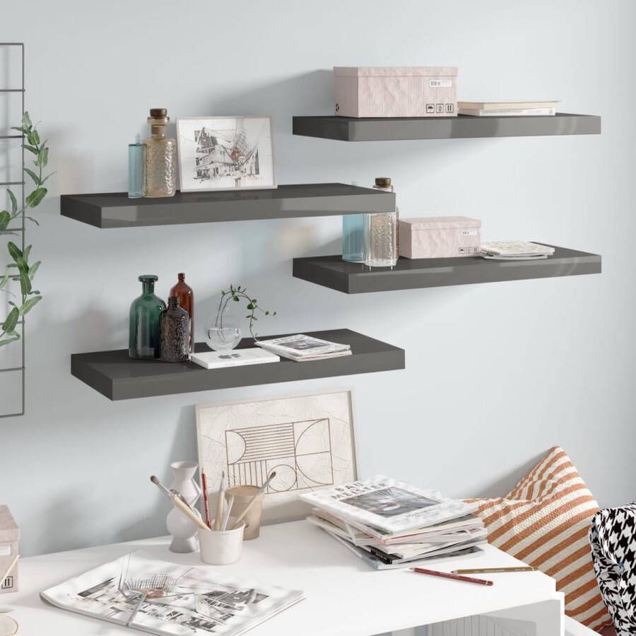 The Living Store Wandplanken Trendy Set van 4 Hoogglans grijs 60x23.5x3.8 cm Honingraat MDF en Metaal