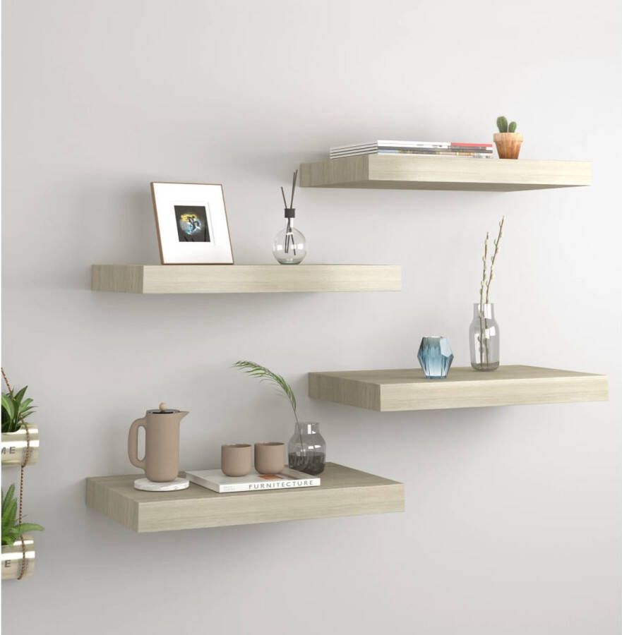 The Living Store Wandschappen zwevend 4 st 40x23x3 8 cm MDF eikenkleurig Wandplank Zwevende Plank Houten Wandplank Eiken Wandplank Salondecoratie - Foto 2