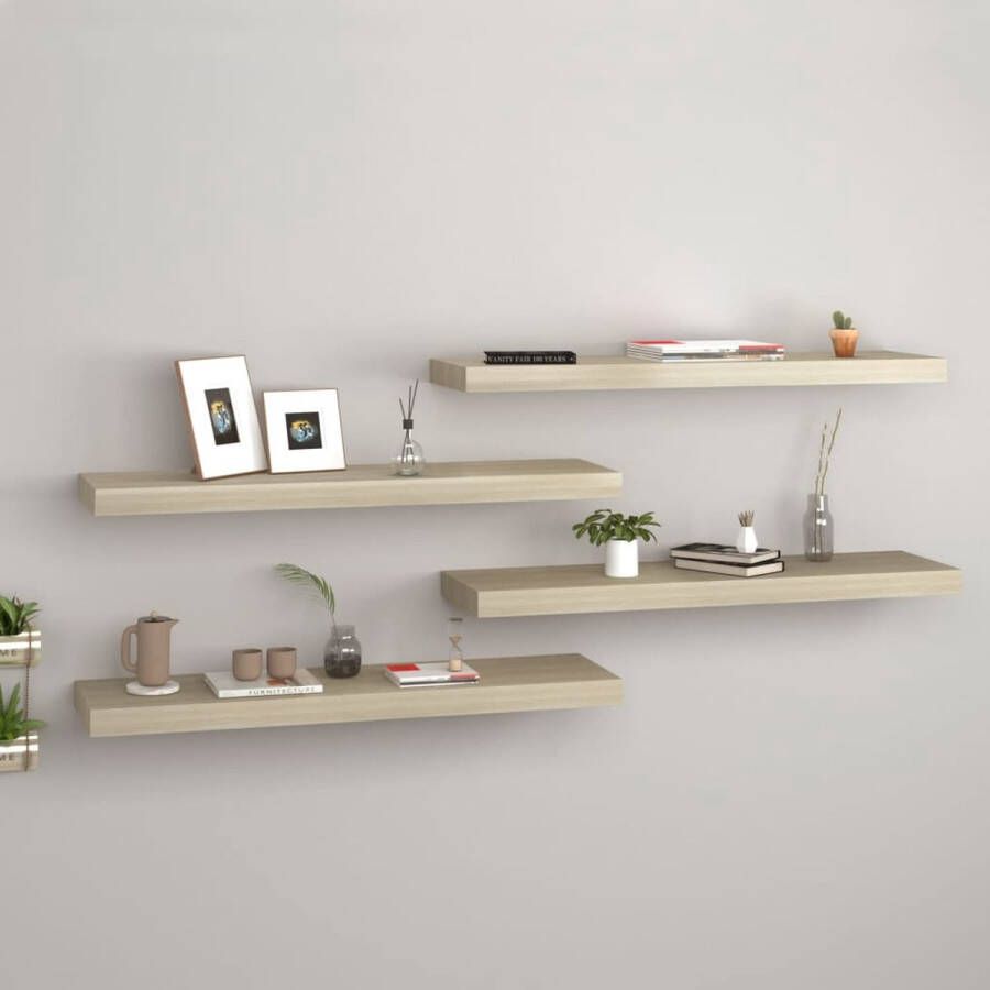 The Living Store Wandplanken Trendy Wandschap Set van 4 80x23.5x3.8cm Eiken Honingraat MDF Metalen Frame