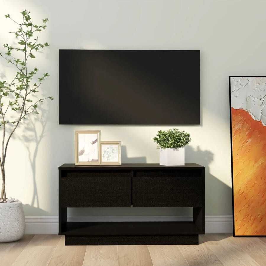 The Living Store Zwevend TV-meubel 74 x 34 x 40 cm Massief Grenenhout Zwart - Foto 2