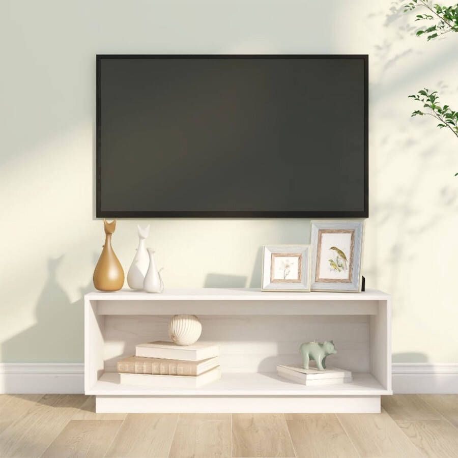 The Living Store Zwevend TV-meubel Grenenhout Wit 90x35x35 cm Opbergruimte Display functie - Foto 2