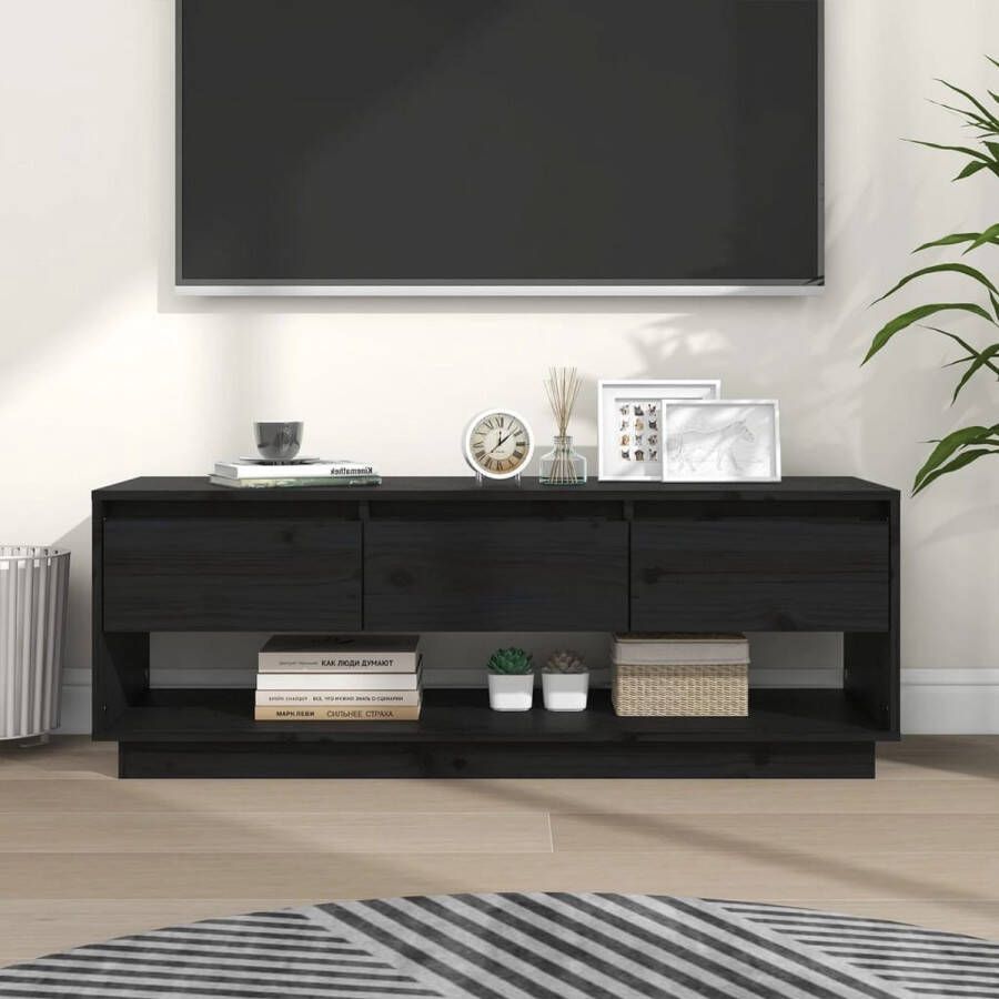 The Living Store Zwevend TV-meubel Zwart 110.5 x 34 x 40 cm Massief grenenhout - Foto 2