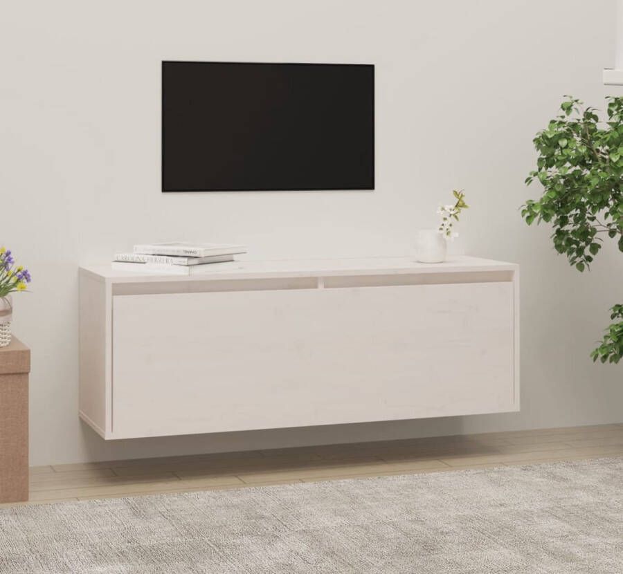 The Living Store Wandkast 100x30x35 cm massief grenenhout wit Zwevende Kast Houten Kast Salontafel TV Meubel Hangkast
