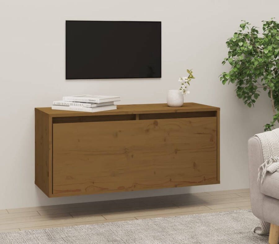 The Living Store Wandkast 80x30x35 cm massief grenenhout honingbruin Zwevende Kast Wandkast Grenenhouten Kast Houtkaste Tv-meubel