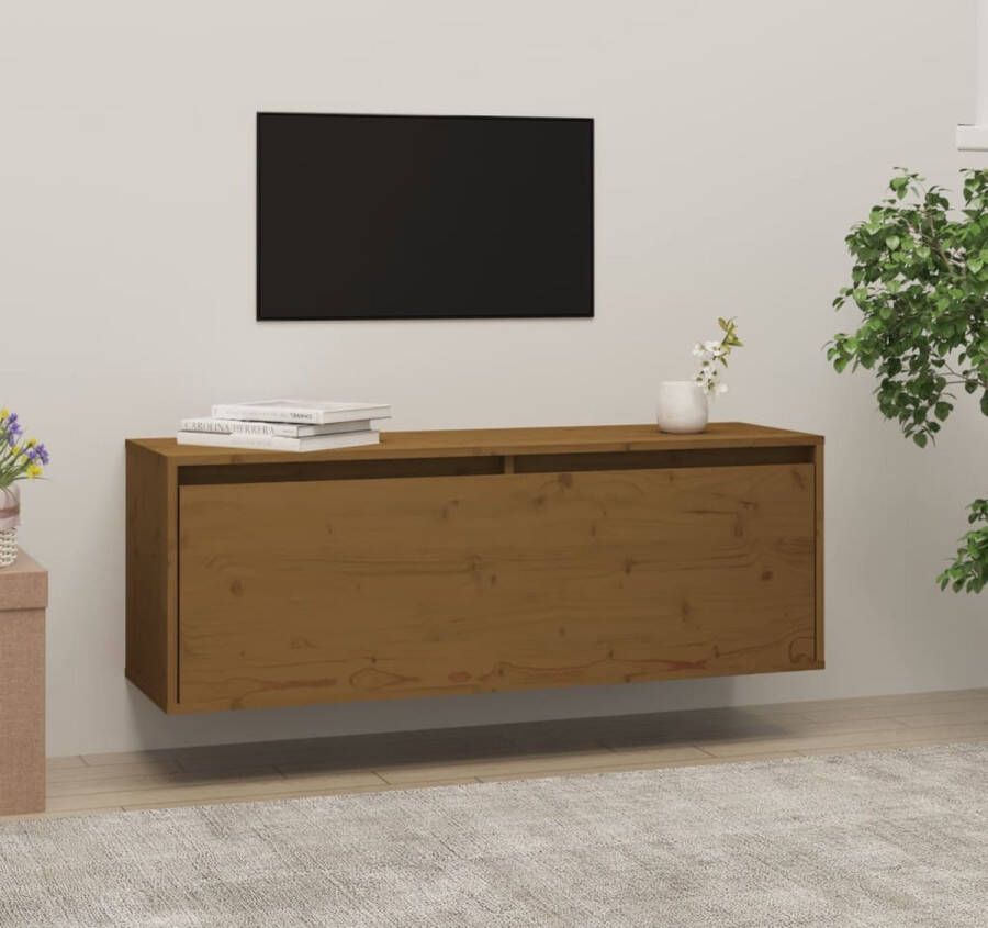 The Living Store Wandkast 100x30x35 cm massief grenenhout honingbruin Zwevende Kast Hout Kast Grenoble Kast Salontafel Tv Meubel