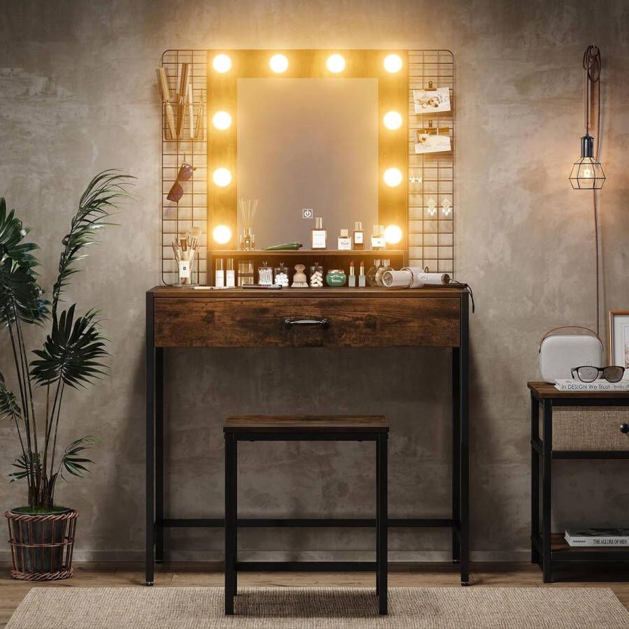 The Olive Tree Make-up Vanity Bureauset met LED-verlichting en spiegel 33 W Make-uptafel met lade en laadstation kaptafel met kruk voor slaapkamer rustiek bruin
