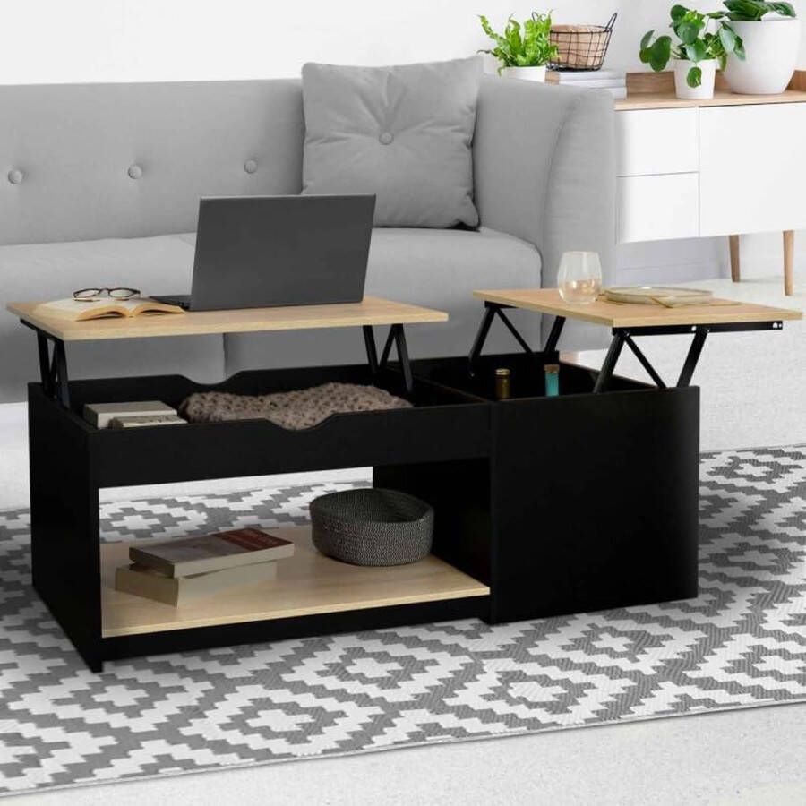 The Olive Tree Salontafel met 2 opklapbare planken EYLA met houten kist zwart en beukenlook
