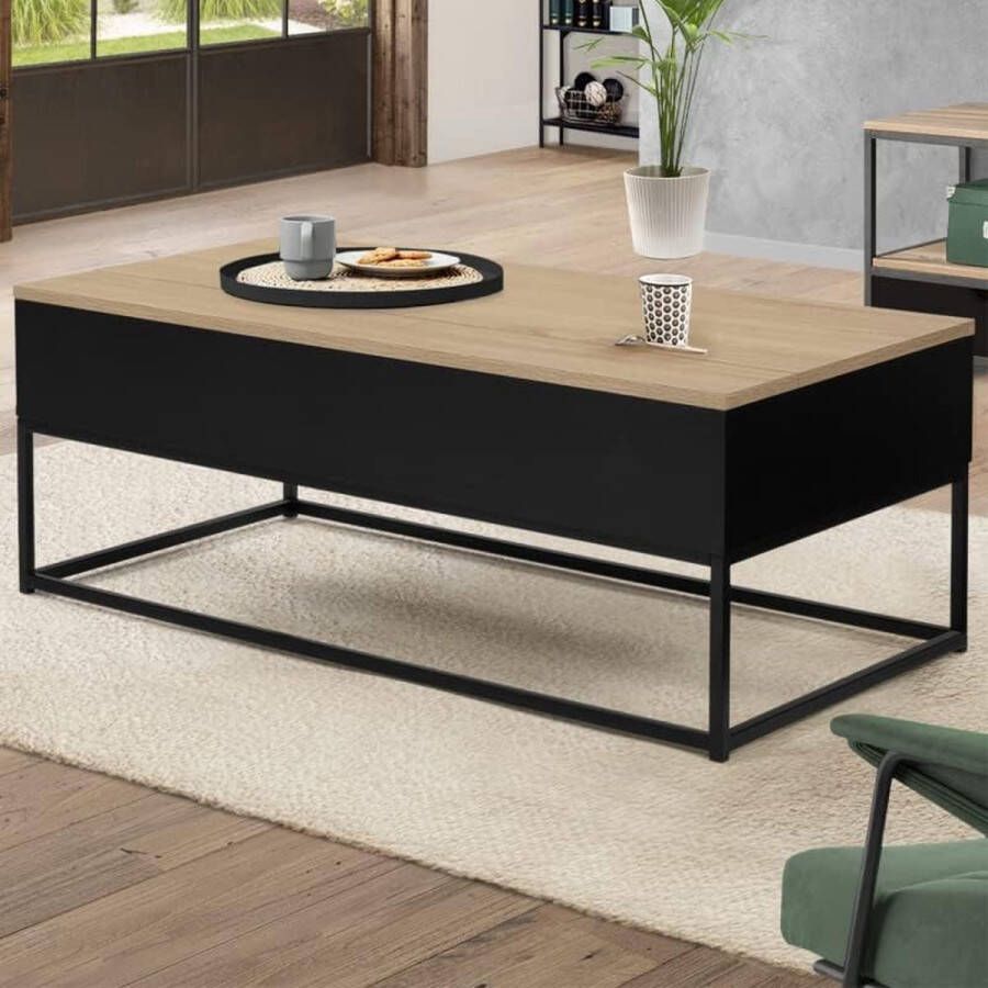 The Olive Tree Zwarte salontafel met uitklapbaar blad in beukenlook Boston industrieel design