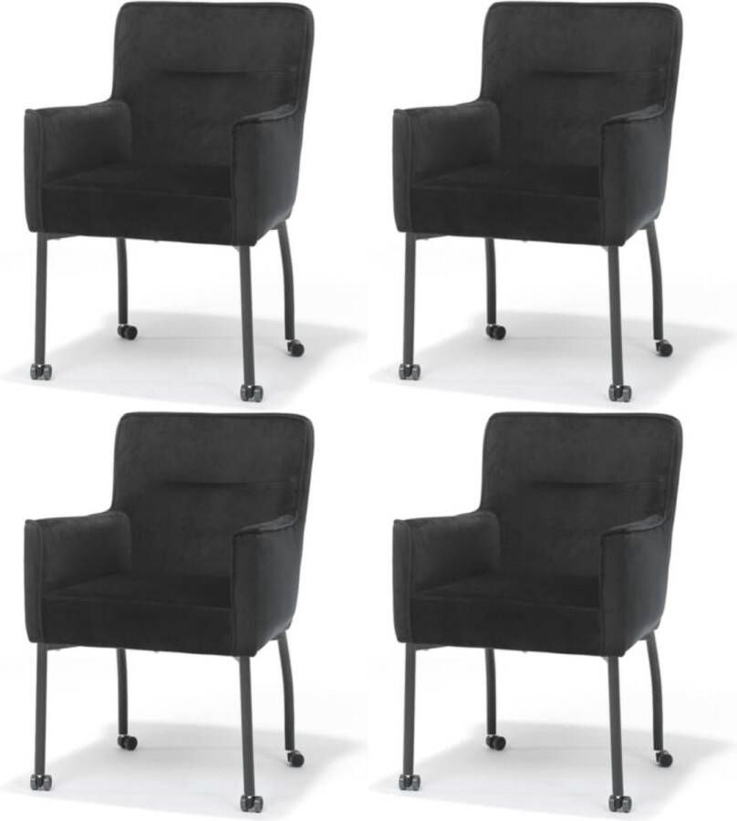 The Seats Eetkamerstoel Sem set van 4 met wieltjes velvet zwart