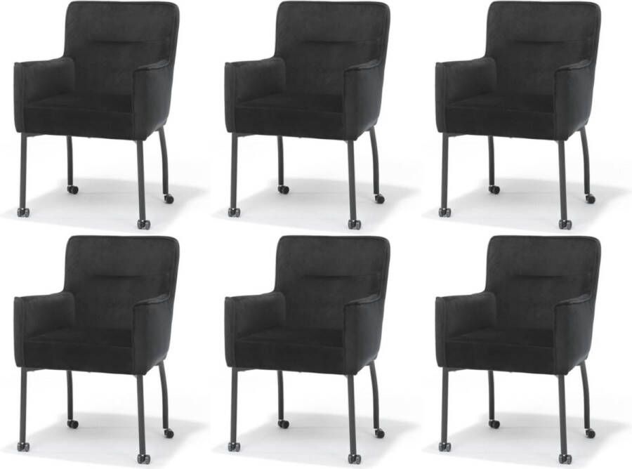 The Seats Eetkamerstoel Sem set van 6 met wieltjes velvet zwart