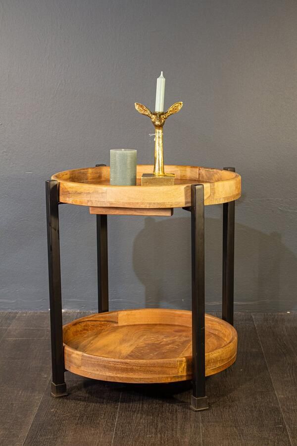 The wooden house Bijzettafel – 2-Lagen Mangohout & Metaal – Rond Tafelmodel