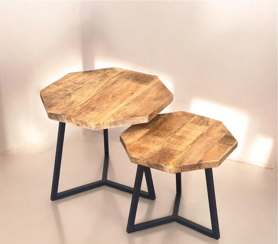 The wooden house Bijzettafel Set van 2 – Octagon Design – Mangohout & Zwart Metaal – Industrieel & Uniek