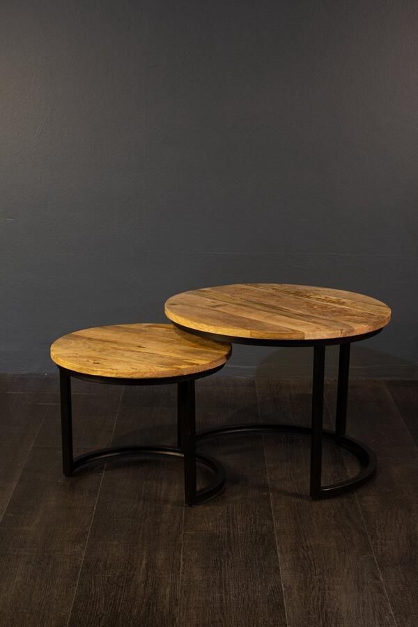 The wooden house Salontafel Set van 2 Rond – Mangohout met Zwart Metaal – Industrieel – Salontafel Mangohout Zwart – Bijzettafel Rond Hout – Set van 2- 55cm x 55cm x 40 cm - Foto 3