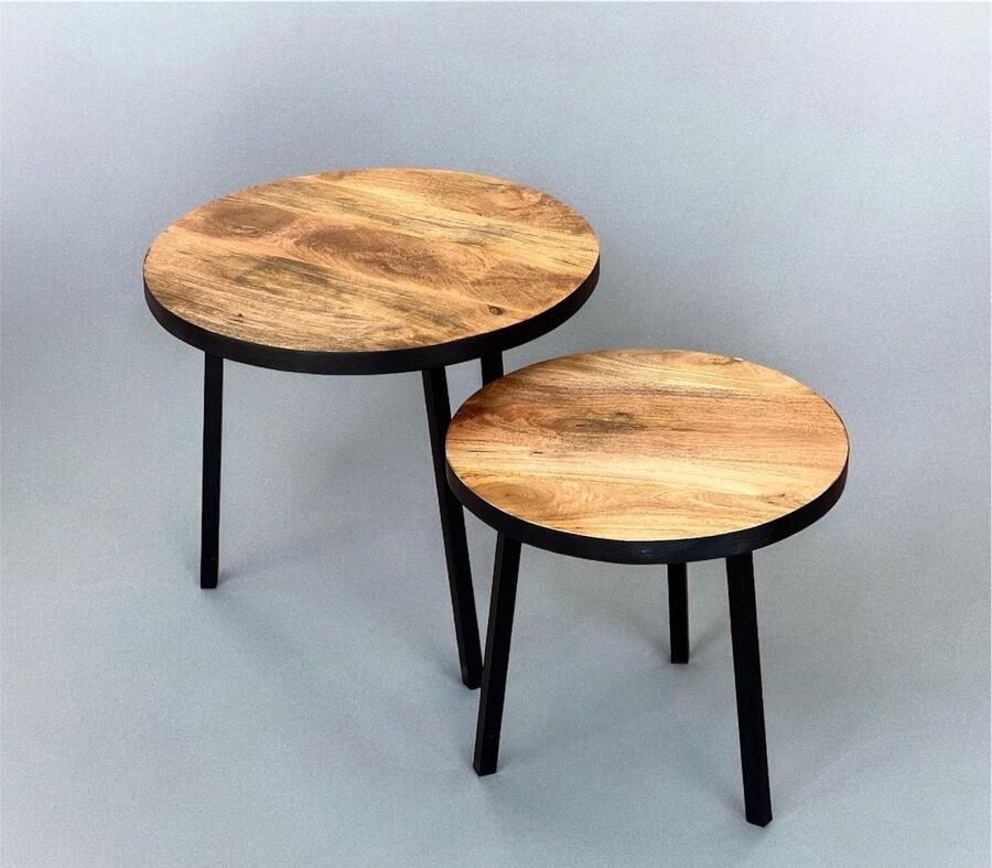 The wooden house Bijzettafel Set van 2 – Rond Mangohout & Metaal – Minimalistisch Design met Slanke Poten