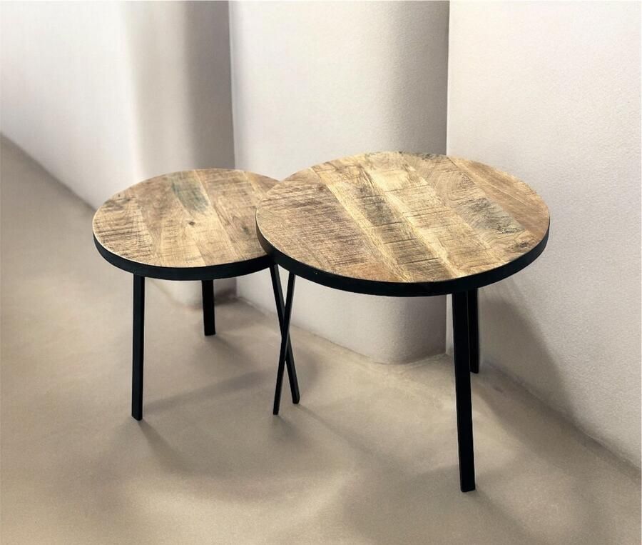 The wooden house Bijzettafel Set van 2 – Rond Mangohout & Metaal – Minimalistisch & Industrieel Design