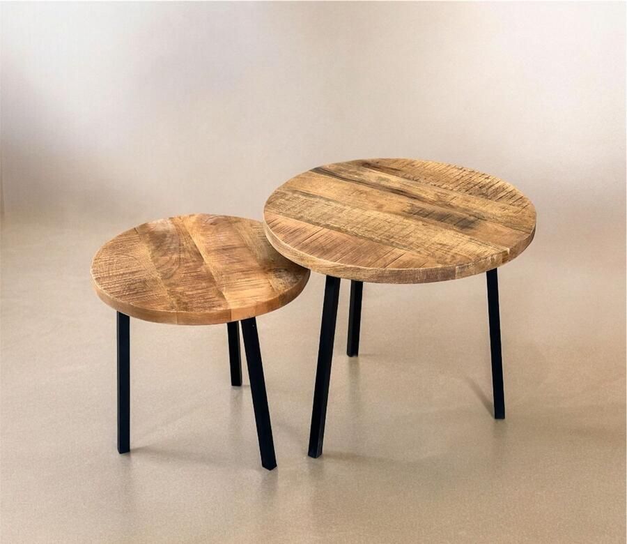 The wooden house Bijzettafel Set van 2 – Rond Mangohout & Metaal – Tijdloos Industrieel Design